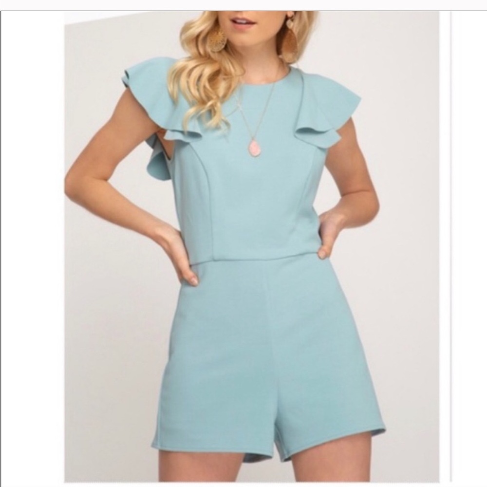 She + Sky Light Blue Ruffle Romper